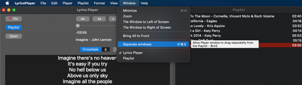 Separate windows - Lyrics Player